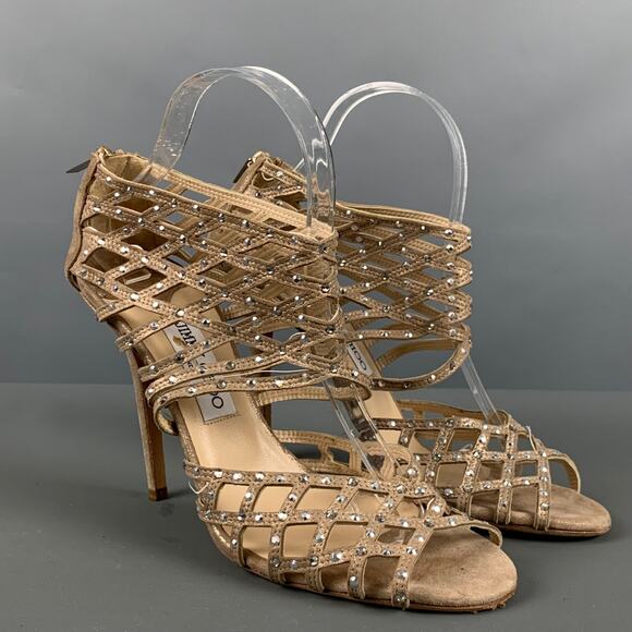 JIMMY CHOO Size 10 Beige Gold Suede Rhinestones Ankle Sandals - Picture 1 of 9